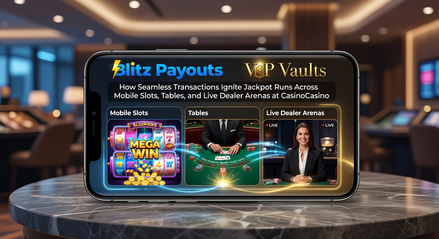 Grafik zeigt blitzschnelle Auszahlungen und glänzende VIP-Tresore inmitten eines dynamischen Casino-Umfelds mit Slots und Live-Tischen