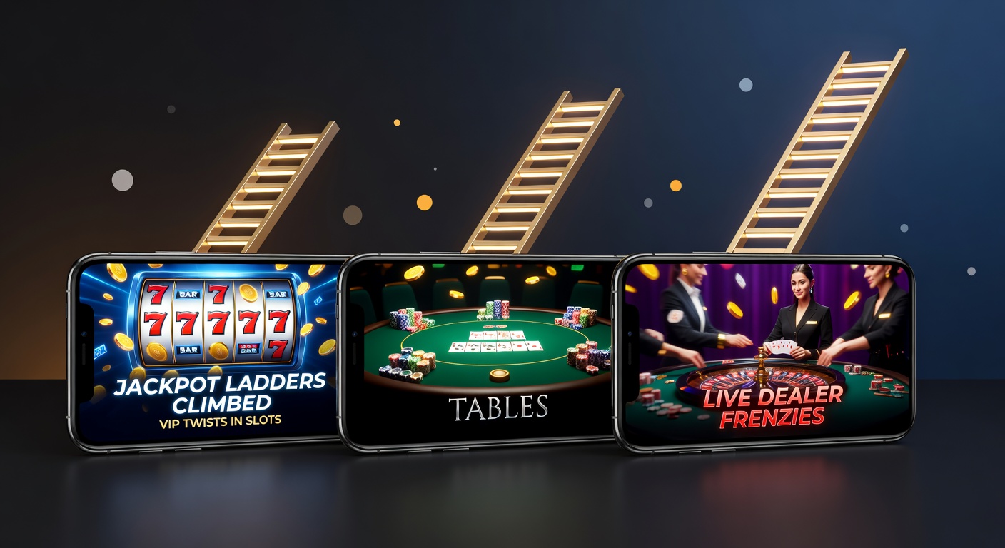 Smartphone-Bildschirm mit aufsteigender Jackpot-Leiter in einem Slot-Spiel, umgeben von VIP-Symbolen und Live-Dealer-Elementen
