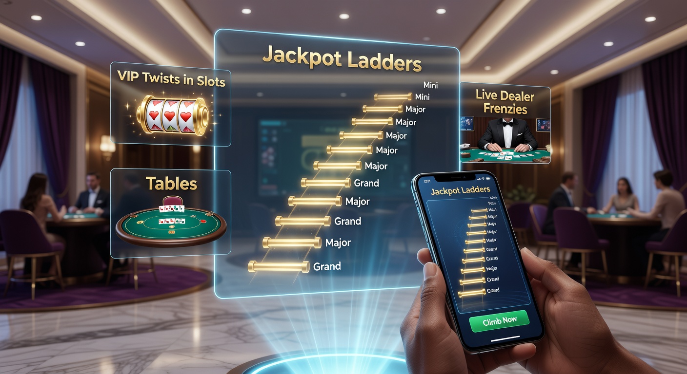 VIP-Tisch mit Live-Dealer auf Smartphone, Jackpot-Leiter im Hintergrund leuchtend, Tische und Slots kombiniert
