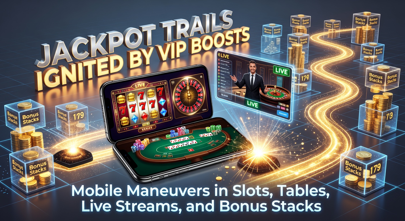 Smartphone mit leuchtenden Jackpot-Symbolen und VIP-Level-Anzeige in einem mobilen Casino-App, umgeben von Slots und Live-Dealer-Elementen