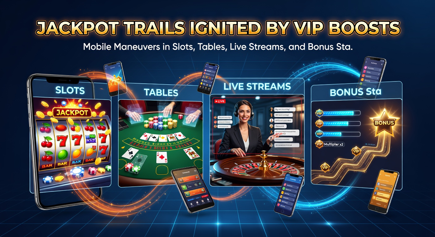 Detaillierte Ansicht eines Live-Tischs auf einem Tablet mit VIP-Bonus-Overlay, Jackpot-Leiter im Hintergrund und Stapel von Bonus-Chips