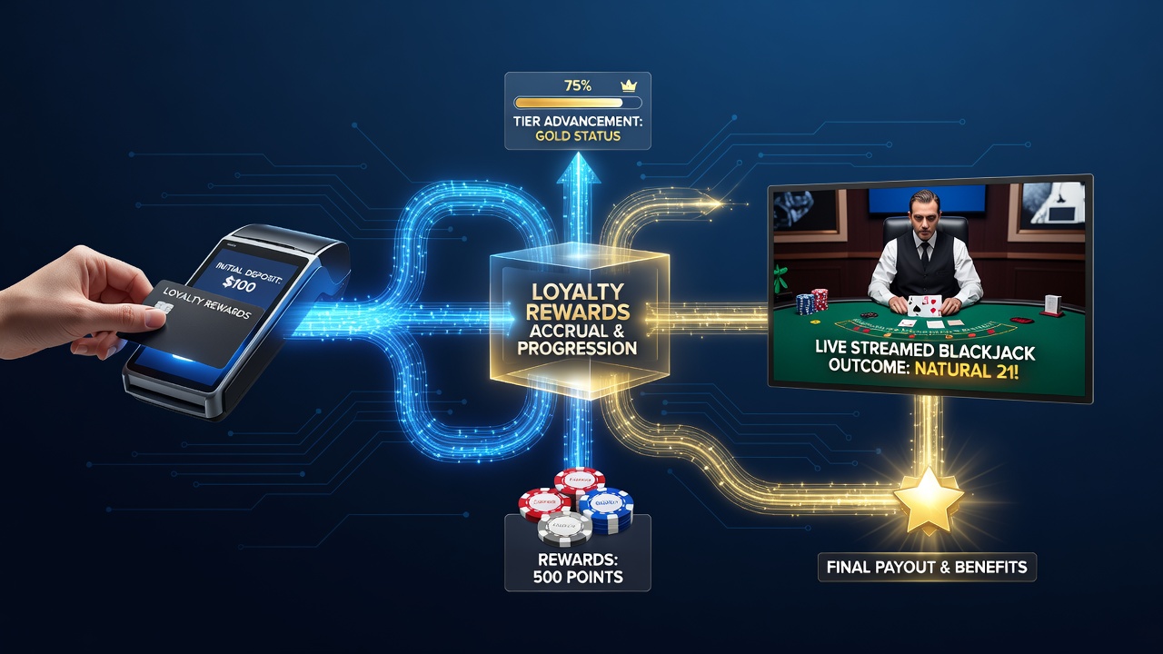 Darstellung der Treueprämienflüsse von Einzahlungen zu Blackjack-Ergebnissen in Live-Streams