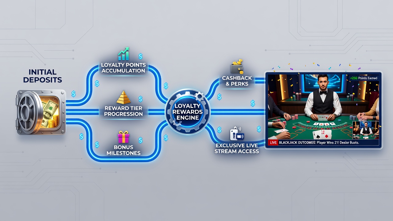 Visualisierung von Live-Stream-Blackjack mit integrierten Treuebelohnungen und Transaktionspfaden